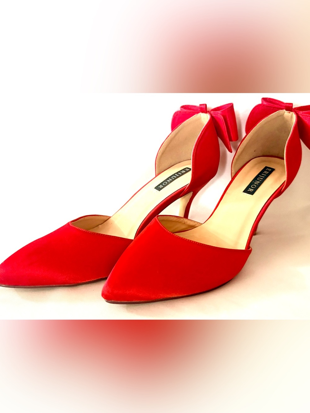 Red bow satin heels